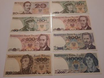 5#N 8 BANKNOTÓW PRL UNC OD 20 ZŁ DO 1000 ZŁOTYCH 