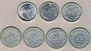 Turcja 10, 25 lira 1985, 1986 Alu na sztuki