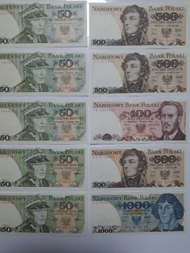 109#N 10 BANKNOTÓW PRL UNC OD 50 ZŁOTYCH DO 1000 ZŁOTYCH 