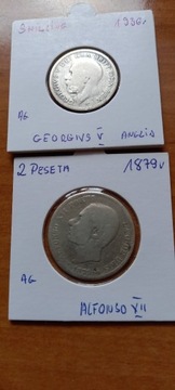 Shilling 1936 i 2 Peseta 1879 r Alfonso II, srebro