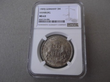 Niemcy 3 marki 1909J  Hamburg  NGC MS63