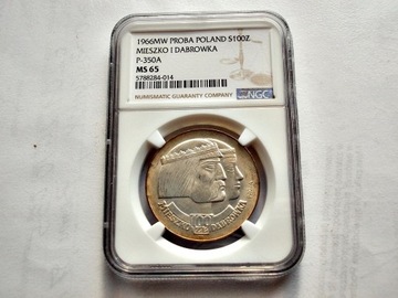 100 zł 1966  Mieszko i Dąbrówka,  NGC MS65 