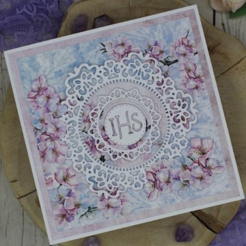 Kartka handmade Pierwsza Komunia Święta IHS kwiaty