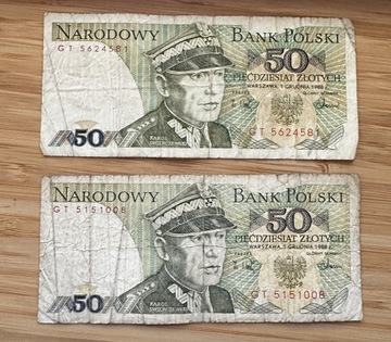 Komplet 2 banknotów 50zl 1988 seria GT