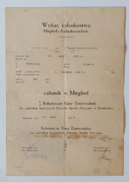 Wykaz członkostwa Robotn.Kasy Emeryt.Giesche 1929r