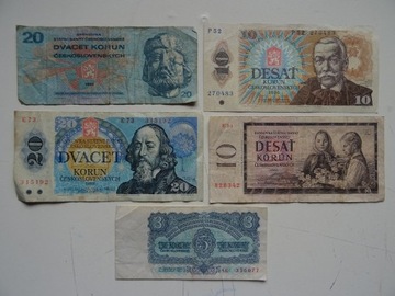 Czechosłowacja 5 banknotów 3-20 koron ciekawy mix -L037