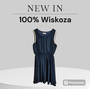 Sukienka włoska elegancka granatowa złote zdobienia 100% wiskoza M/L