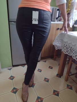 (36/S) ZARA/Czarne,skórzane legginsy,spodnie/NOWE