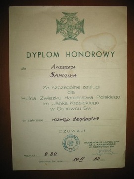 Dyplom Honorowy ZHP Ostrowiec żeglarstwo 1982