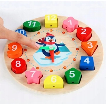 Drewniany Zegar puzzle pingwin cyfrowy edukacyjny 