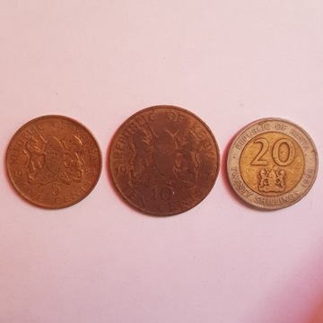 Monety Kenia 20 szylingów 1998, 5 i 10 centów