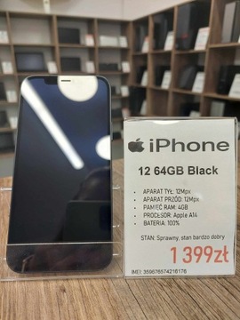 Smartfon Telefon Apple iPhone 12 64GB Black stan bdb gwarancja