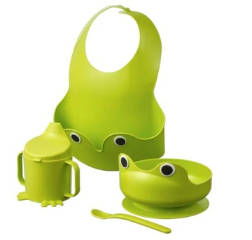 NOWY zestaw naczyń 4 el. z motywem żaby, kolor zielony, Ikea