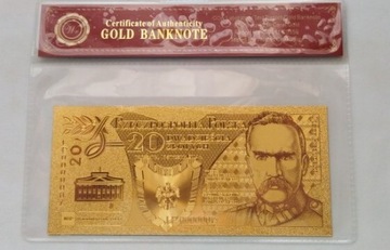 Banknot złoty 24k 20 zł. JÓZEF PIŁSUDSKI UNIKAT!!!