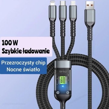 Kabel do szybkiego ładowania 3w1 100W 6A Typ C, Lighting, Micro USB, 1.2 m.