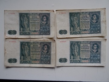 Polska 4 banknoty 50 zlotych 1941 rok seria A,B,C,D ciekawy mix -L042