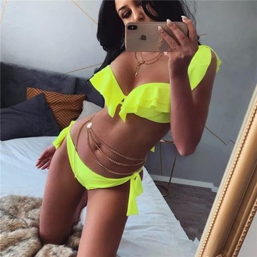 Bikini strój kąpielowy neon żółty wiązany S