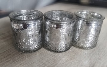 Świeczniki szklane, srebrne, zdobione - 3 szt