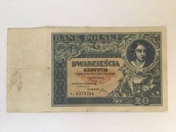 Banknot 20 złotych 1931 AJ 6379286 numer krzywy