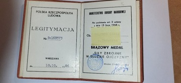 Legitymacja brązowego medalu Siły Zb. w SO 1986 r