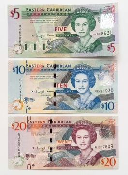 Karaiby Wschodnie 5, 10, 20 dolarów set 3 szt.