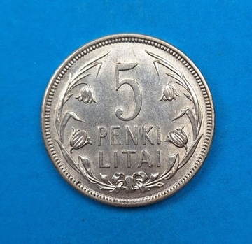 Litwa 5 litów rok 1925, bdb stan, srebro 0,500