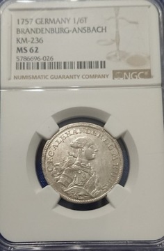 1/6 talara 1757 r. Brandenburg-Ansbach NGC MS62