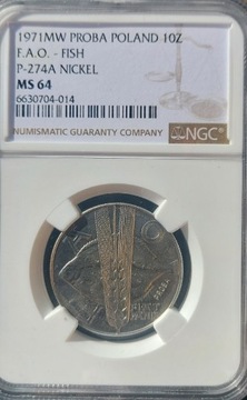 10 ZŁ RYBA 1971 PRÓBA NIKIEL GRADING NGC MS64