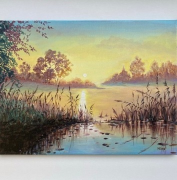 Zachód słońca nad jeziorem obraz ręcznie malowany