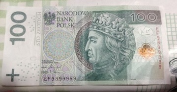 Banknot 100zł o niespotykanym, ciekawym nr. EF 9899999 do kolekcji.