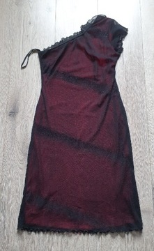 Sukienka mini czerwona z czarnym tiulem i brokatem