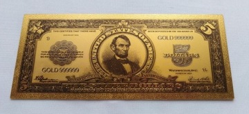 Banknot pozłacany 24k GOLD 5 dolarów USA 1923 rok