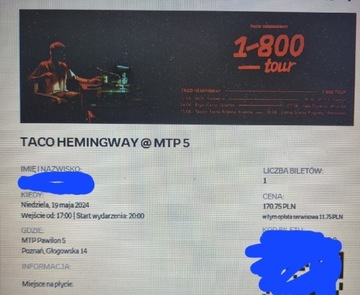 Bilet na koncert Taco Hemingwaya Poznań 19.05,