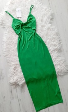 ZARA długa zielona sukienka z wiązaniem XS / S