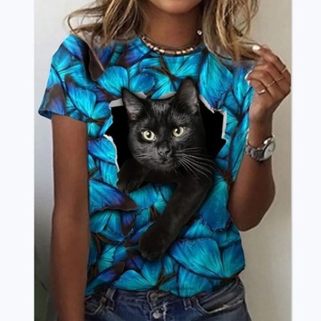 Koszulka top t-shirt 3D z kotem M, żywe kolory