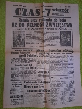 Kolekcjonerska Gazeta 1 Września 1939 Czas-7 wiecz