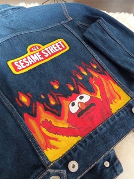 Custom Kurtka jeans Elmo ręcznie malowana