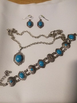 Komplet biżuterii posrebrzanej z turkusem