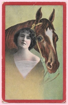 Kobieta i koń na starej pocztówce ...