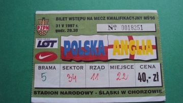 Bilet Piłka Nożna POLSKA - ANGLIA 1997 Chorzów