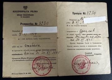 Przepustka z Krakowa do Wrocławia 1945 r.