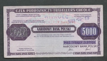 Czek podróżniczy na 5000 zł z 1989 r.