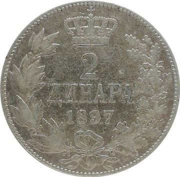 Serbia 2 dinara 1897, Ag KM#22