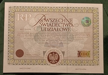 Powszechne świadectwo udziałowe + dok zakupu