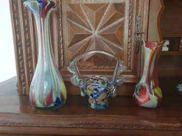 Szkło vintage PRL, wazon+wazonik+koszyczek