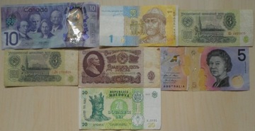Zestaw 7 banknotów Europa Ameryka Azja Australia