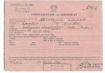 Poświadczenie Konsulatu RP w Tuluzie - 23.10,1946r