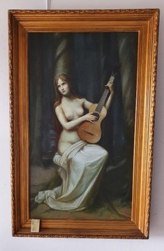 Stary piękny obraz Akt kobiety z instrumentem
