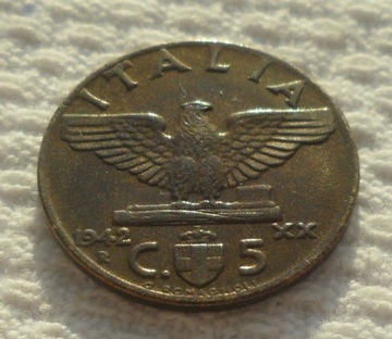 Włochy Wiktor Emanuel III 5 centesimi 1942 Rok XX