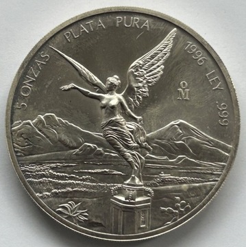 Meksyk Plata Pura 1996 Liberty 5 uncji Ag 